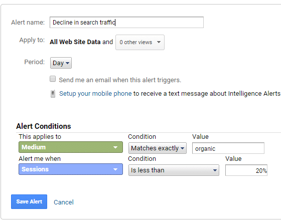 crear alerta cuando el tráfico de búsqueda disminuye