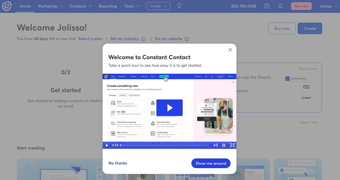 Constant Contact welcome screen with video walkthrough