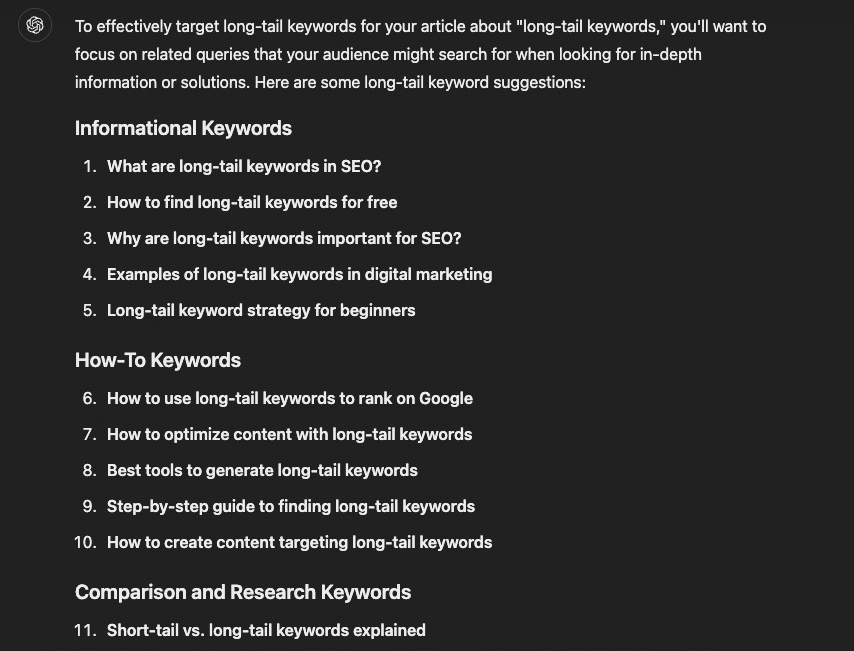 ChatGPT for finding long-tail keywords