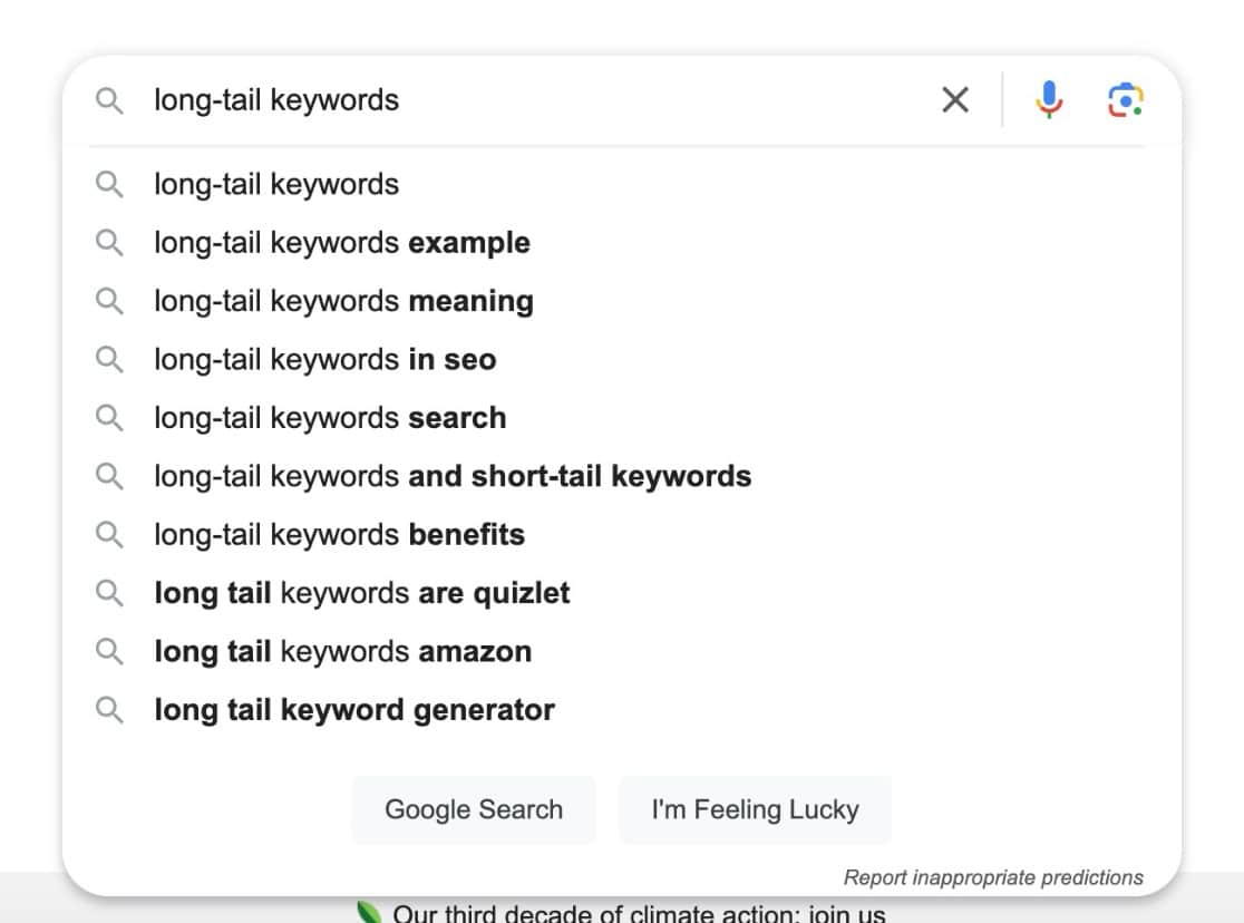 Google autocomplete example with long-tail keywords