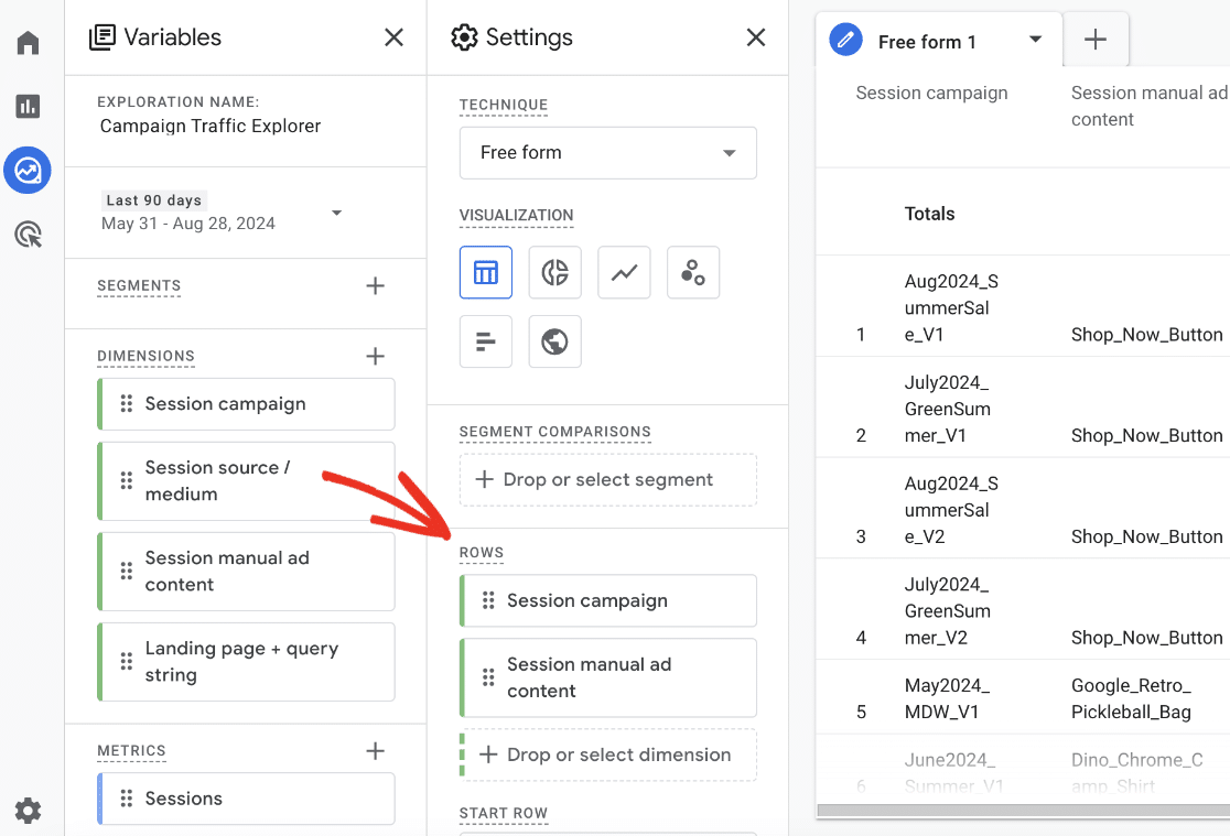 Move dimensions to rows in camapgins report