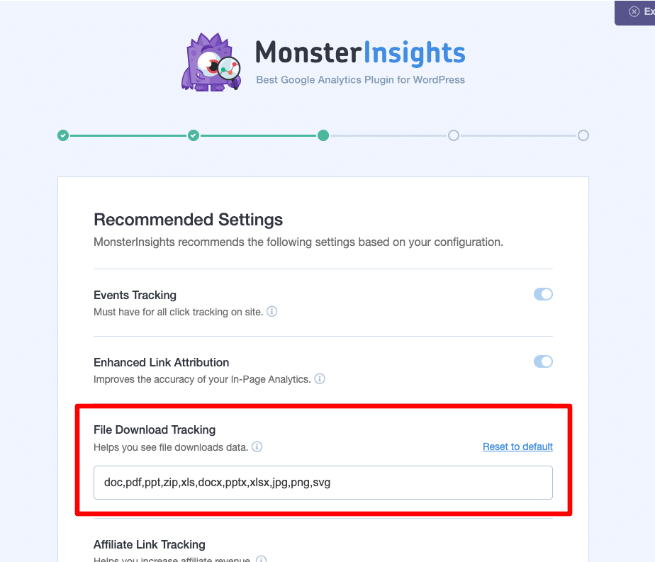 File download tracking settings in MonsterInsights