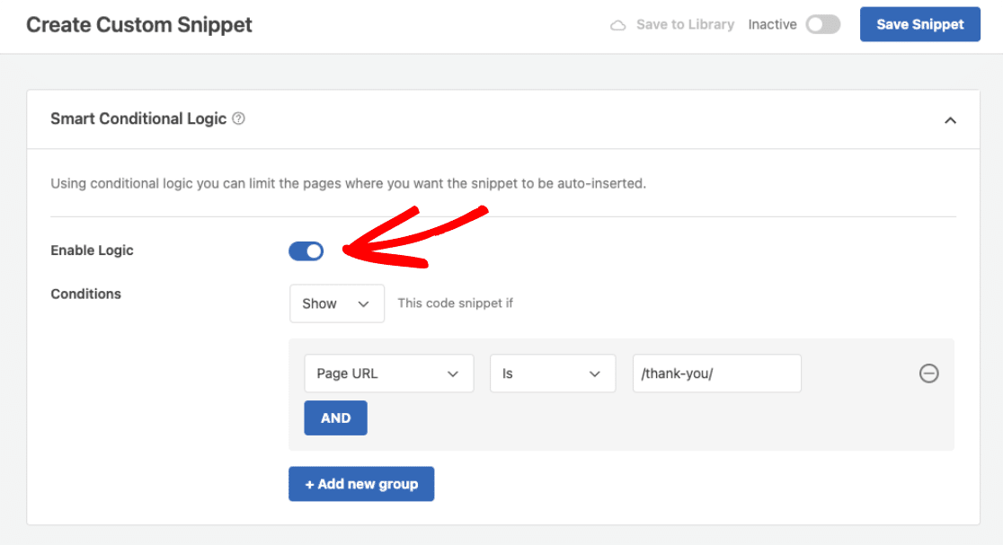 WPCode conditional logic for a page