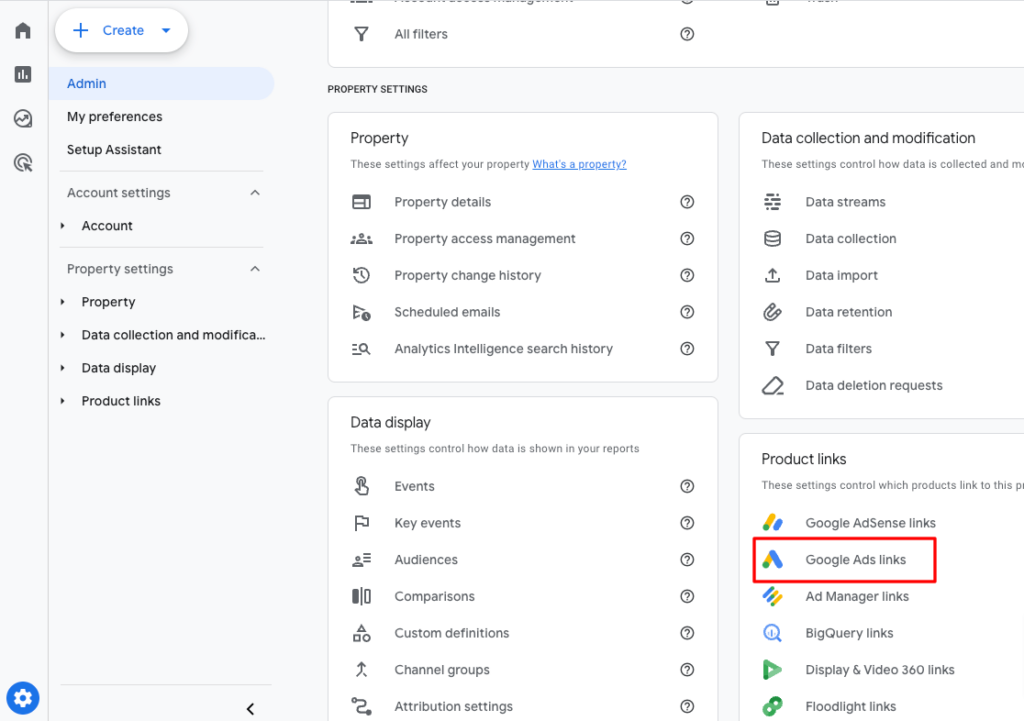 Google Ads Links in Google Analytics admin panel