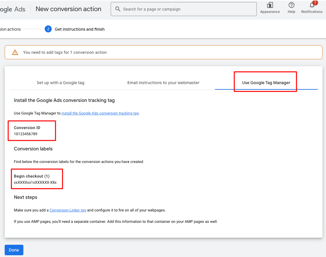New conversion action in Google Ads - use Google Tag Manager to find conversion ID and conversion label