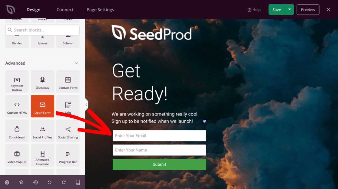 Bloc SeedProd Optin Form pour la page de destination du mode maintenance WordPress