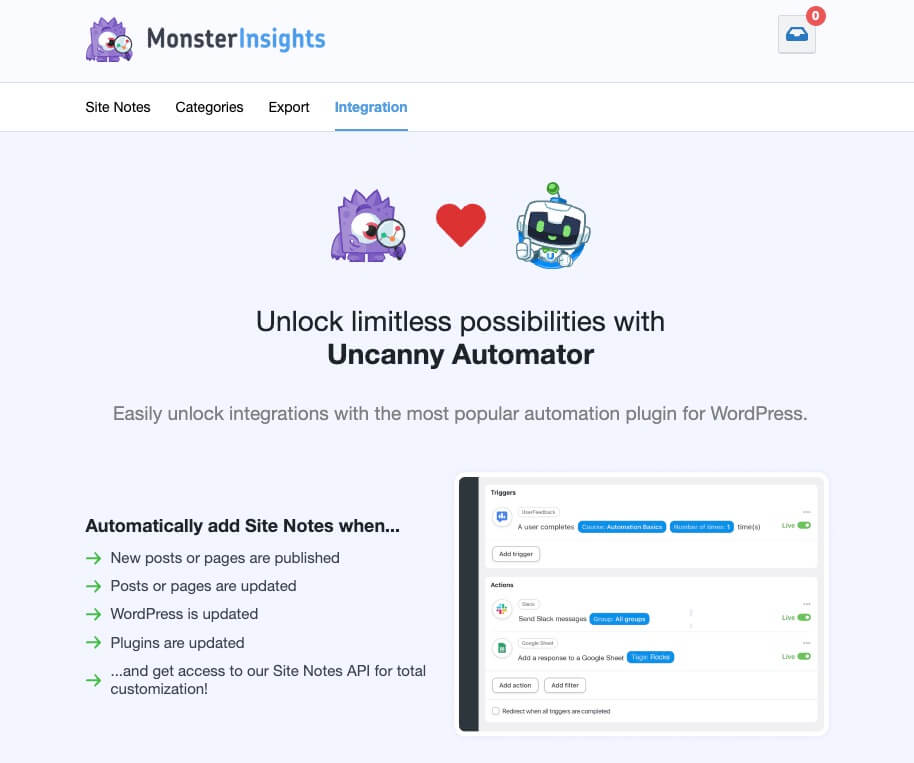 MonsterInsights Site Notes integration with Uncanny Automator