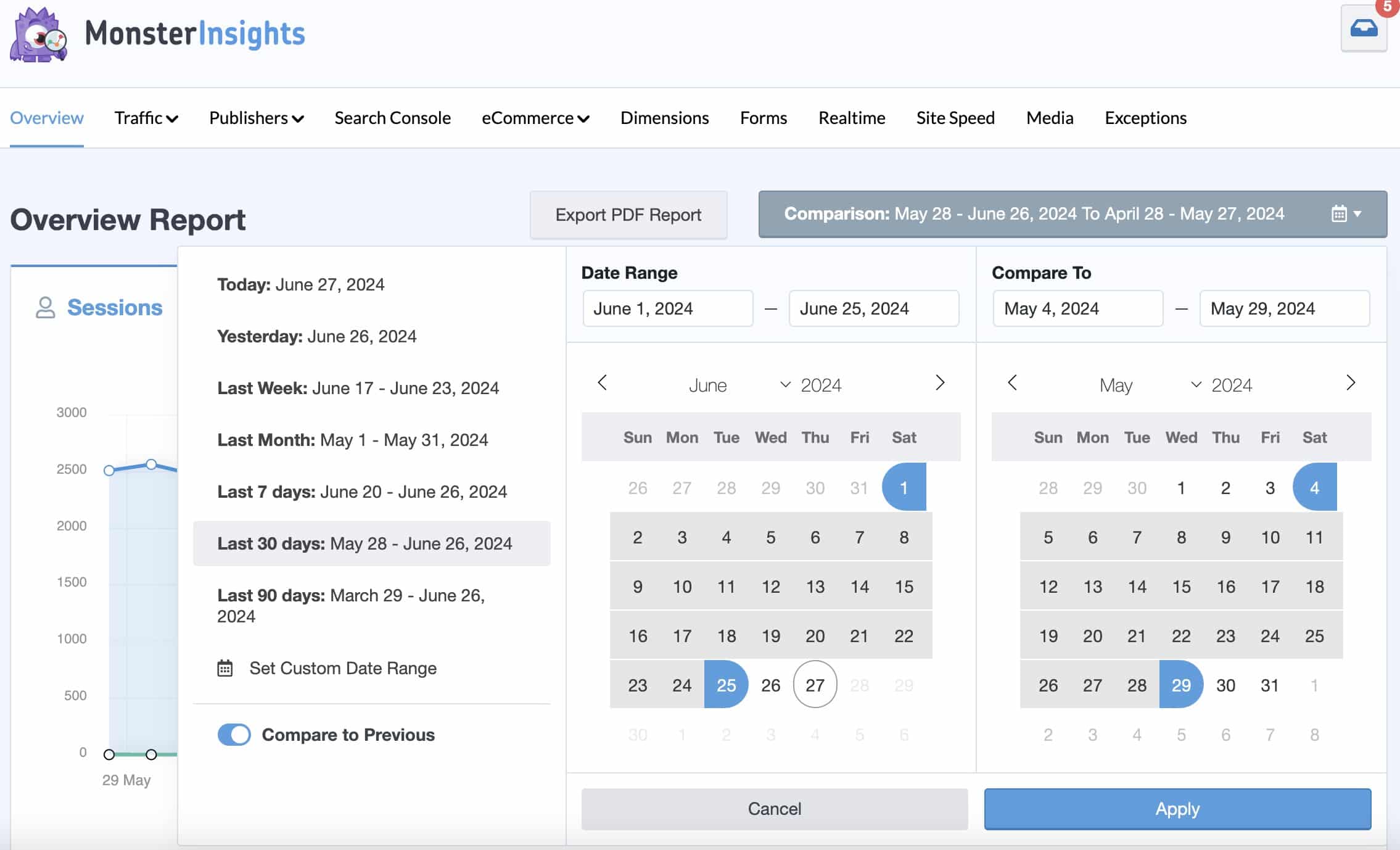 Plage de comparaison de dates personnalisées MonsterInsights