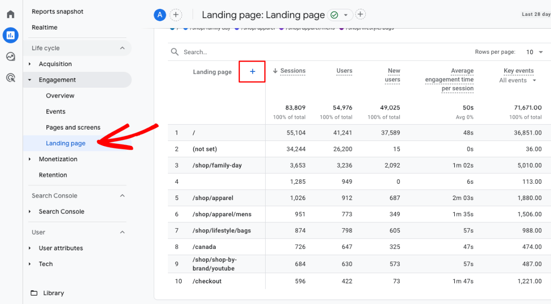 Add a secondary dimension to the landing page report by clicking the plus sign