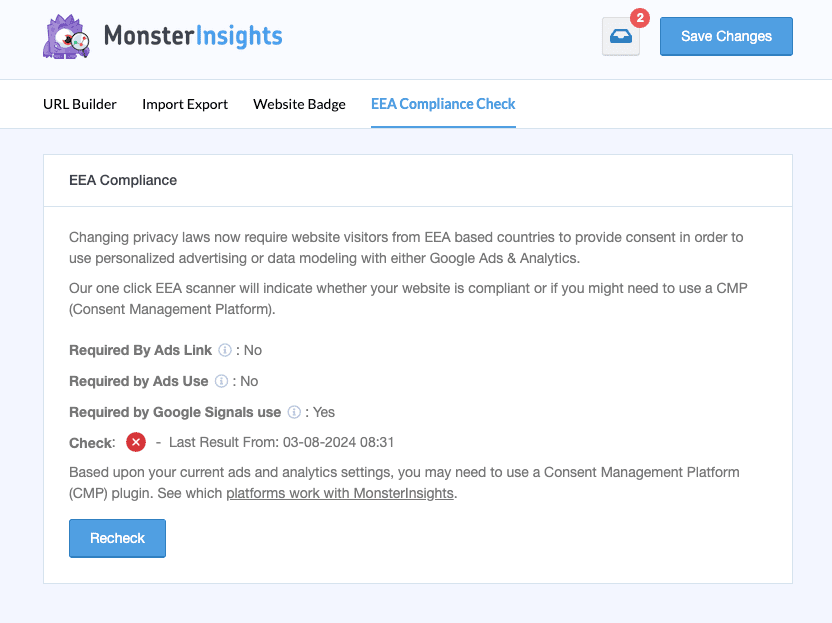 MonsterInsights EEA Compliance Check