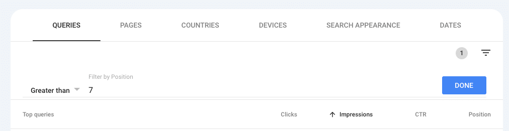 Filter by position 7 or above in Search Console
