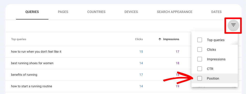 Search Console performance report - filter by position