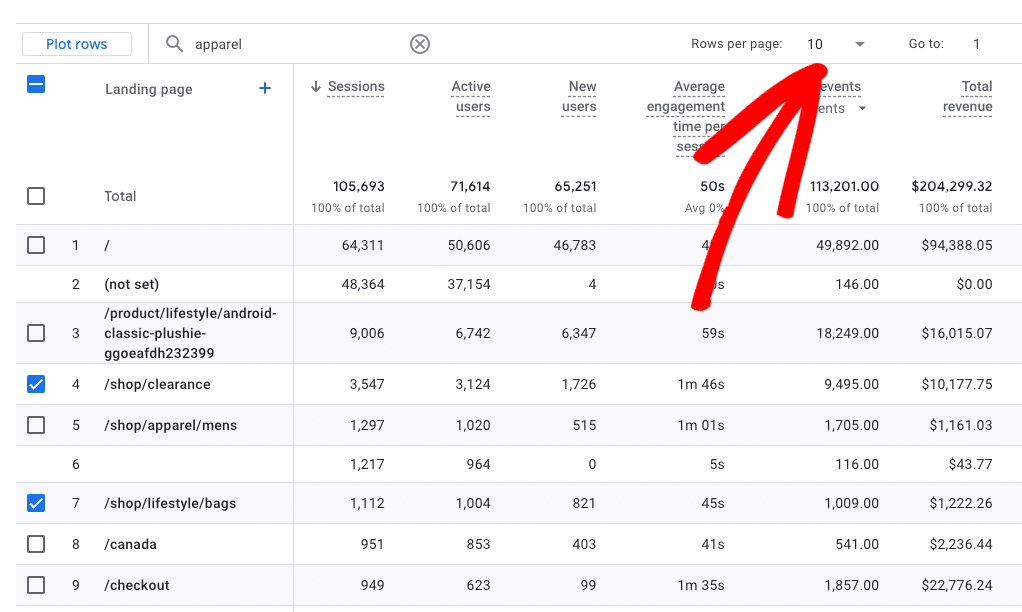 Rows per page on landing page report