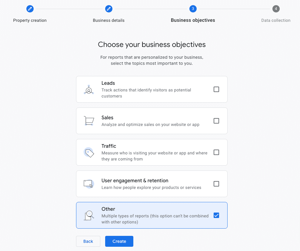 GA4 business objectives - property setup
