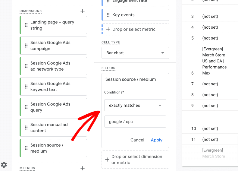 Session source/medium equals google/cpc filter for UTM parameters in Google Ads